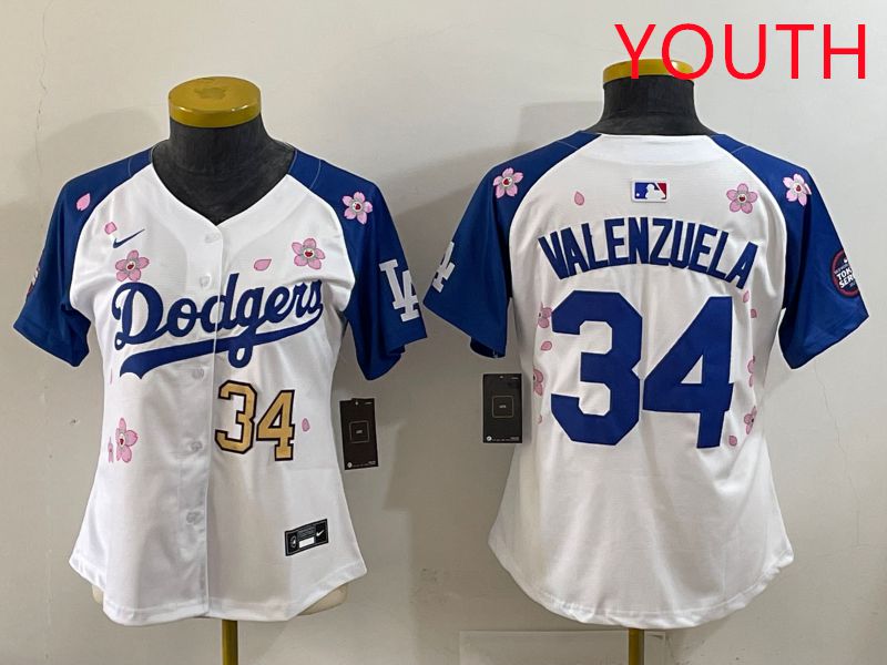 Youth Los Angeles Dodgers #34 Valenzuela White Blue Sakura Edition 2025 Nike MLB Jersey style 33->youth mlb jersey->Youth Jersey